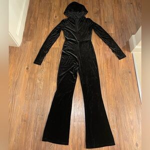 Black zip up jumpsuit with hoodie